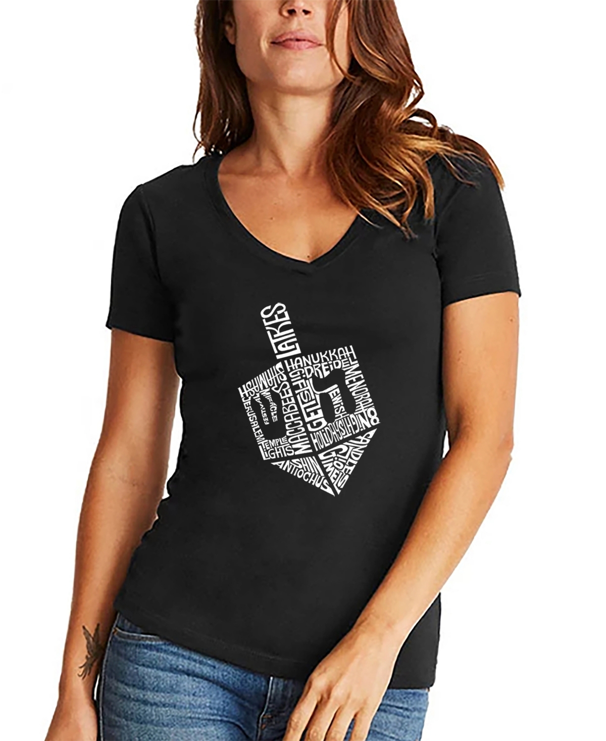 La Pop Art Women's Hanukkah Dreidel Word Art V-neck T-shirt In Black