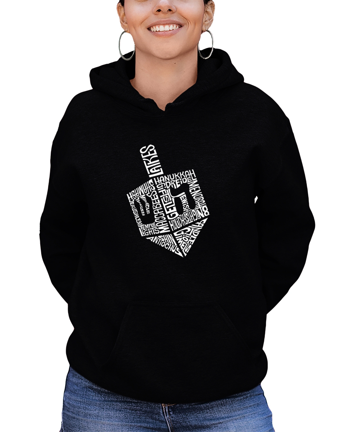 La Pop Art Women's Hanukkah Dreidel Word Art Hooded Sweatshirt In Black