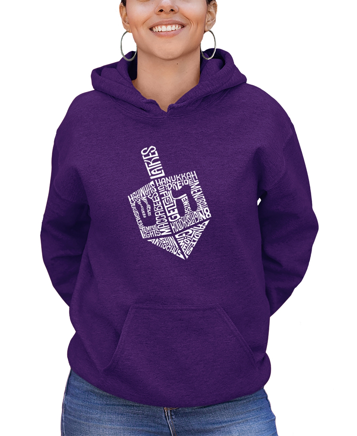 La Pop Art Women's Hanukkah Dreidel Word Art Hooded Sweatshirt In Purple