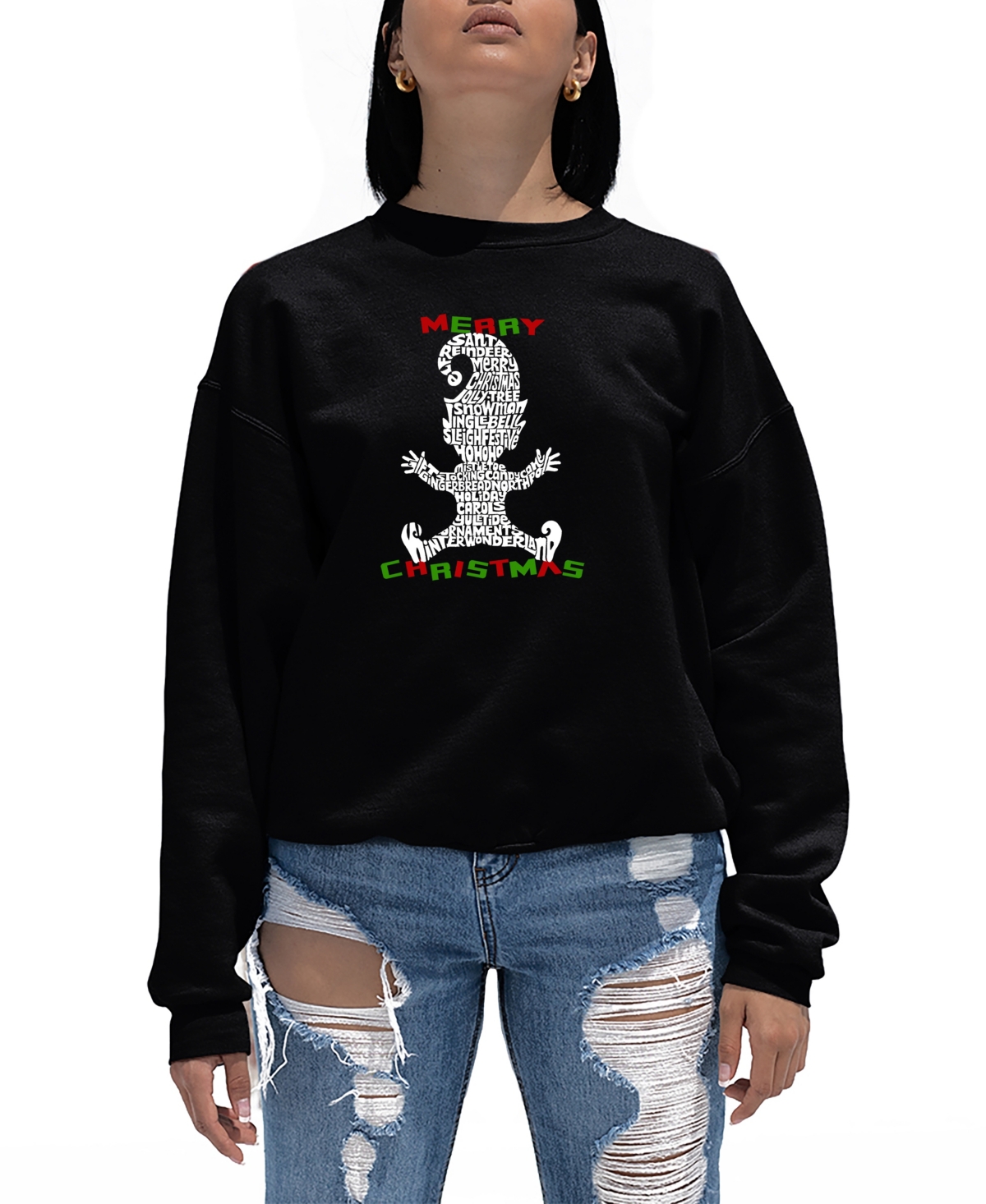 La Pop Art Women's Christmas Elf Word Art Crewneck Sweatshirt In Black