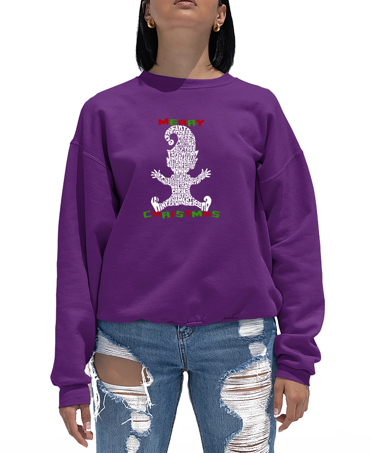 La Pop Art Women's Christmas Elf Word Art Crewneck Sweatshirt In Purple