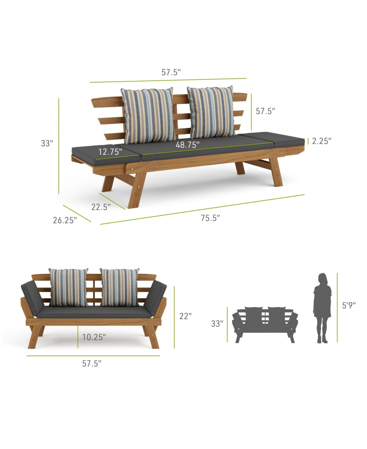 Furniture of America Acacia Convertible Patio Sofa Daybed with Cushions