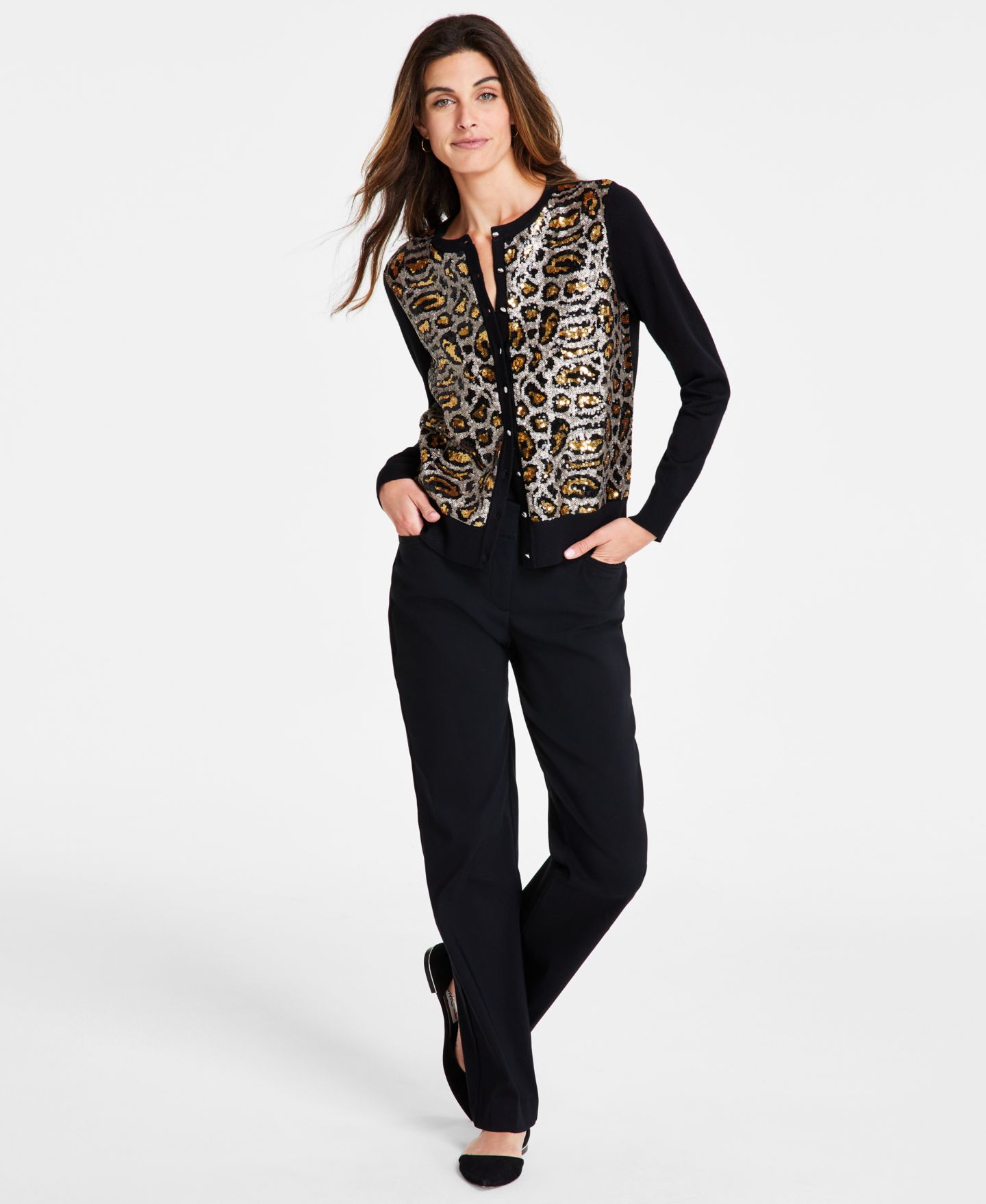 Женский кардиган JM Collection Leopard Sequin Party Cardigan, цвет: Чёрный комбинированный — фото 5