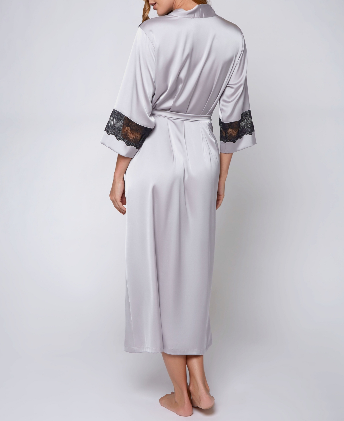 iCollection Women's Silky Stretch Satin Long Robe with Lace Trims - Black
