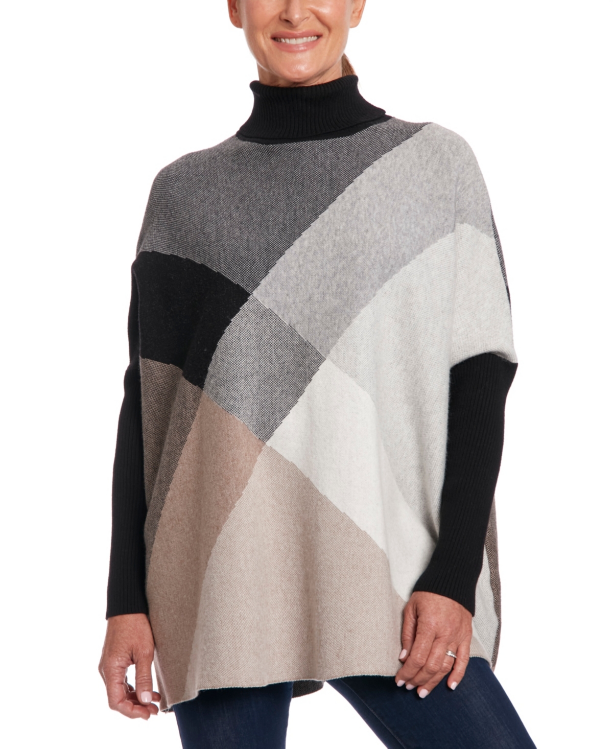 Joseph A Oversize Colorblock Turtleneck Sweater In Neutral Argyle Block