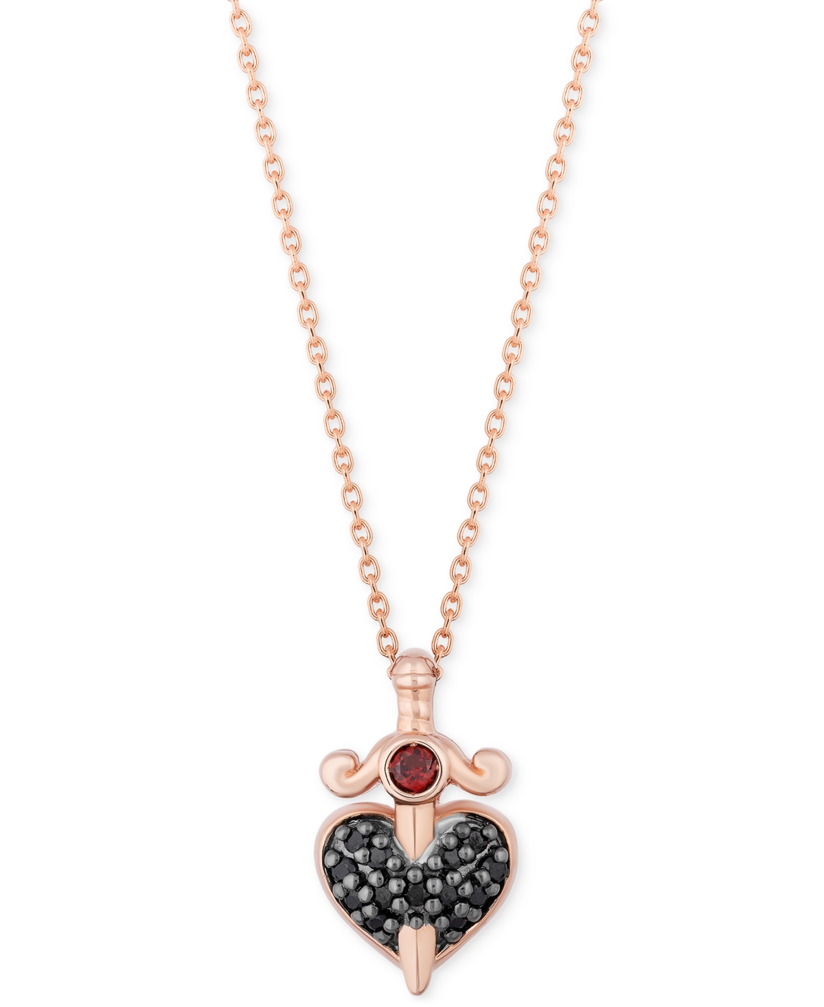 Enchanted Disney Fine Jewelry Black Diamond (1/10 Ct. T.w.) & Garnet Accent Heart & Dagger Evil Queen Pendant Necklace In 10k Rose In Rose Gold