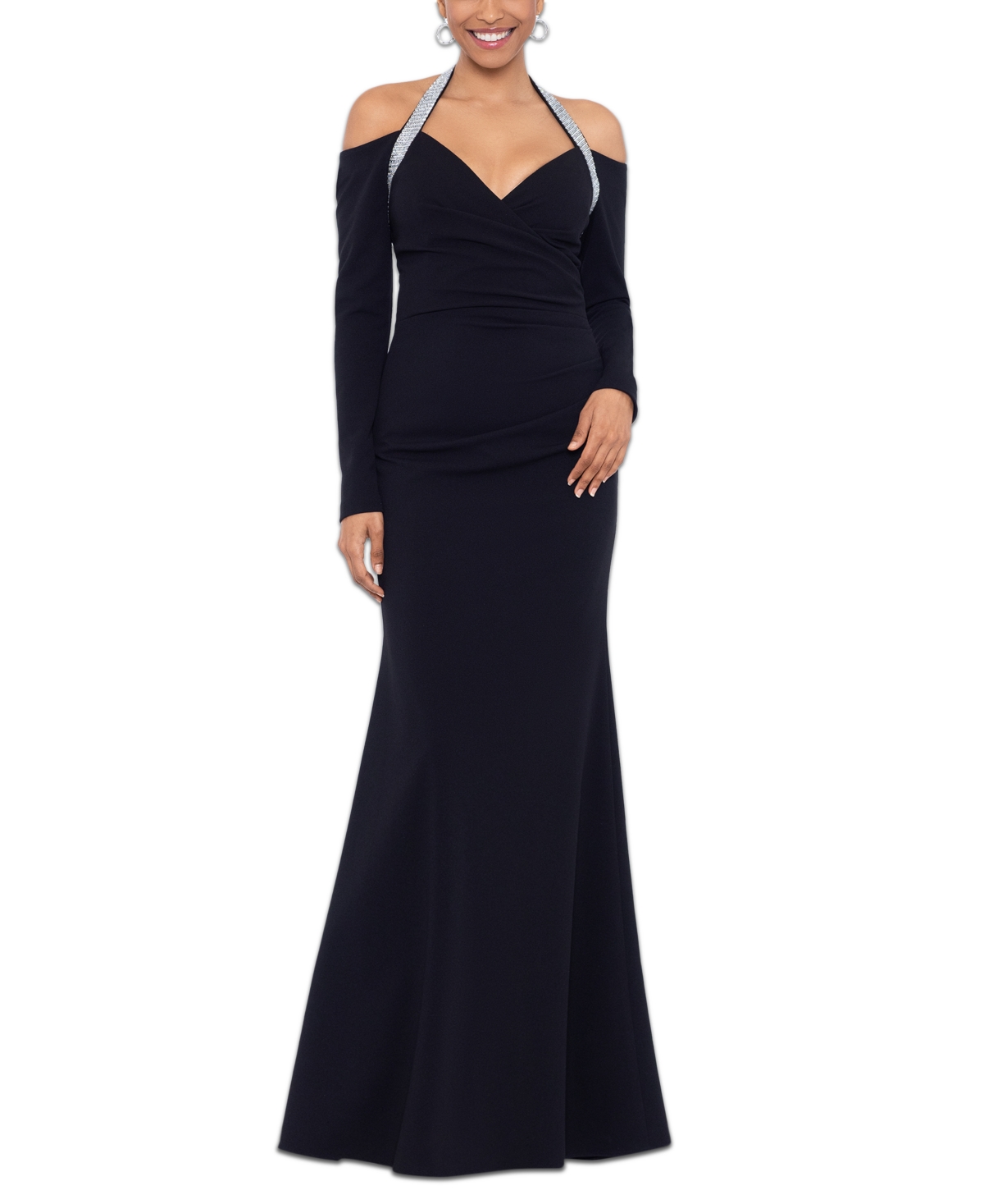 Betsy & Adam Rhinestone Halter Neck Long Sleeve Gown In Black | ModeSens