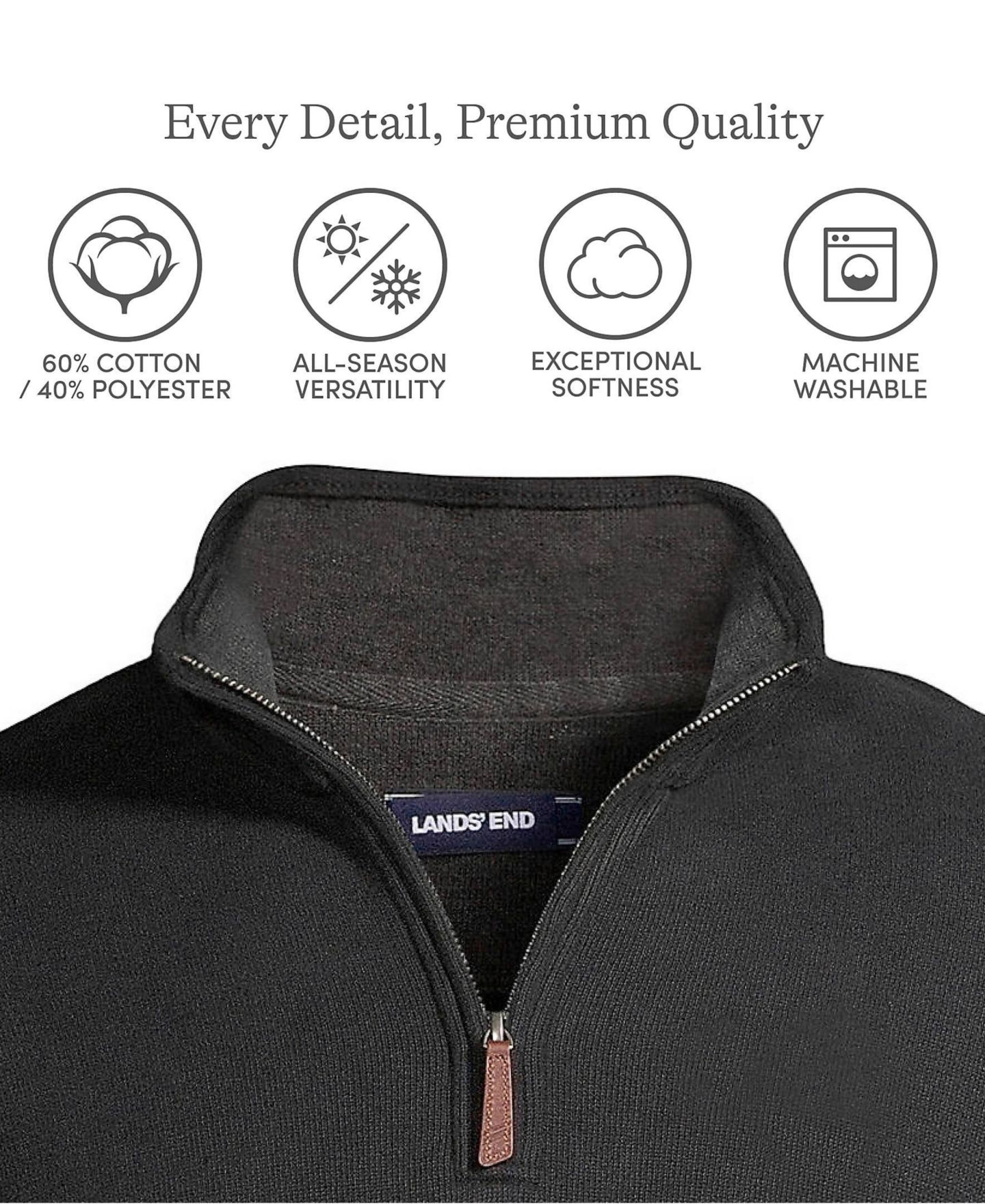 Мужской свитер Lands' End Big & Tall Bedford Rib Quarter Zip Pullover, цвет: Чёрный — фото 4