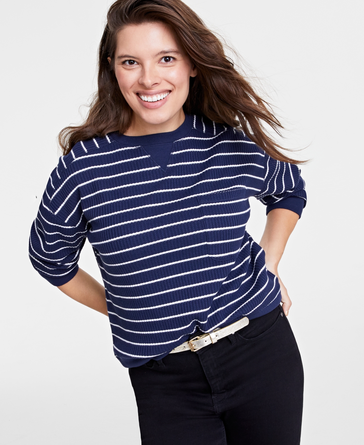 On 34th Women's Waffle-knit Long-sleeve Pullover Top, Created For Macy's In Navy,white Combo
