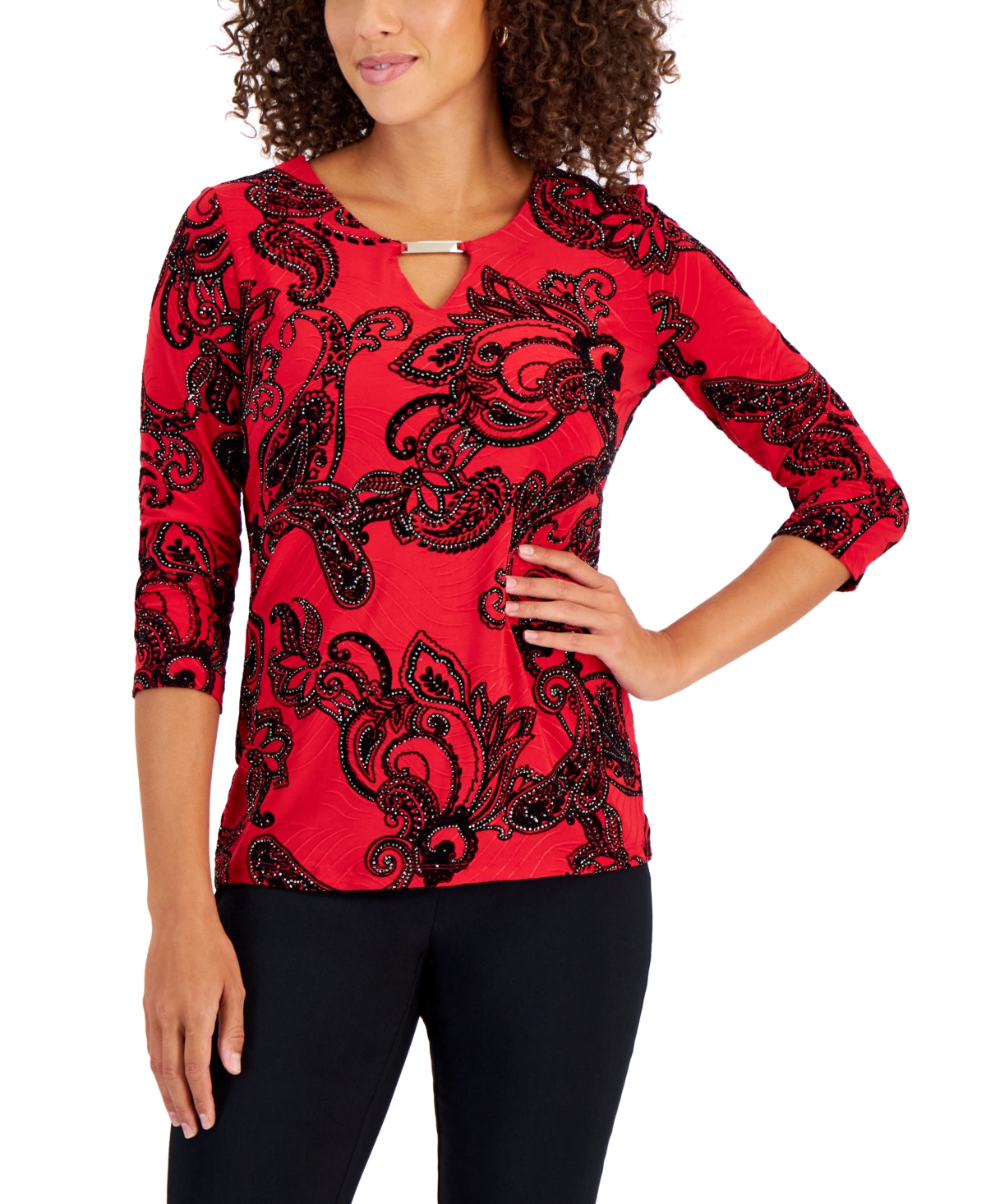 Women's Embellished Jacquard Keyhole Top, Created for Macy's - Real Red Combo