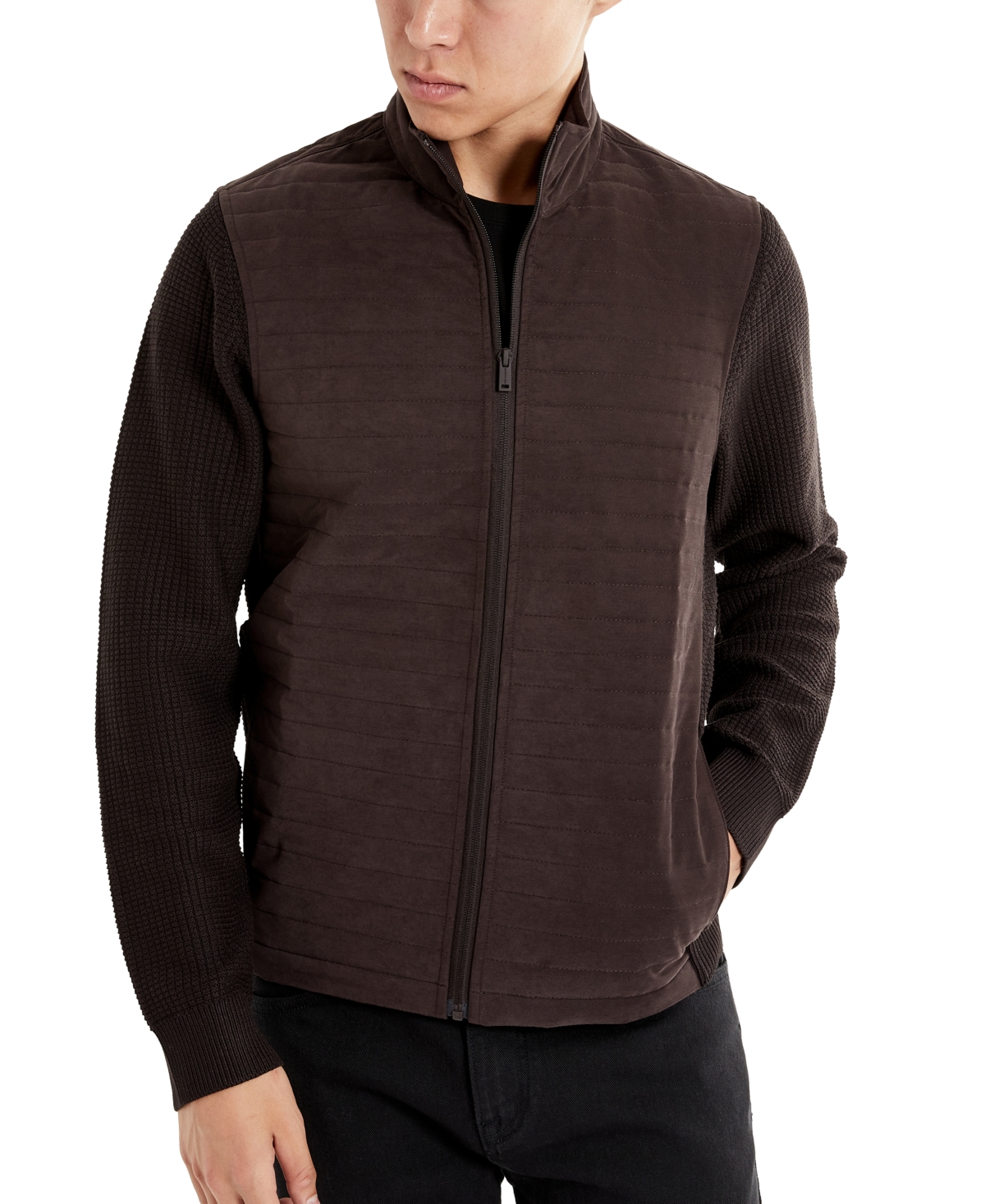 Kenneth Cole Men's Quilted Zip-front Sweater Jacket In Dark Brown