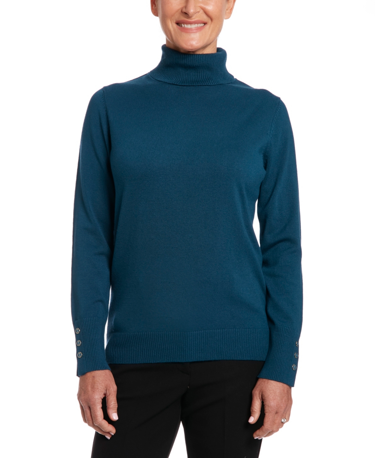 Solid Turtleneck with Button Cuff - Teal