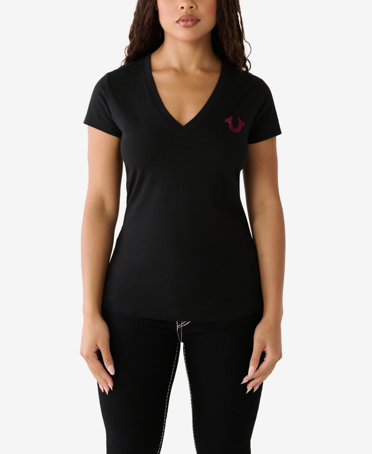 True Religion Women's Short Sleeve Buddha Slim V-neck T-shirt In Jet Black