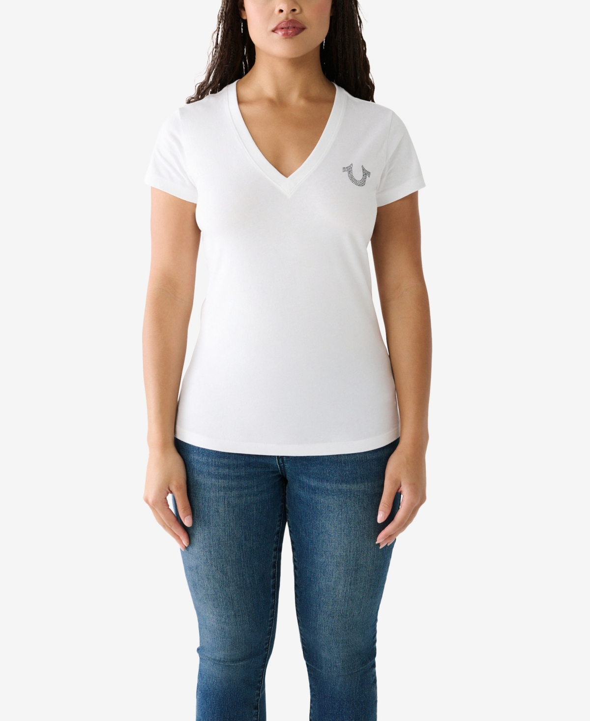 Shop True Religion Women's Short Sleeve Buddha Slim V-neck T-shirt In Optic White