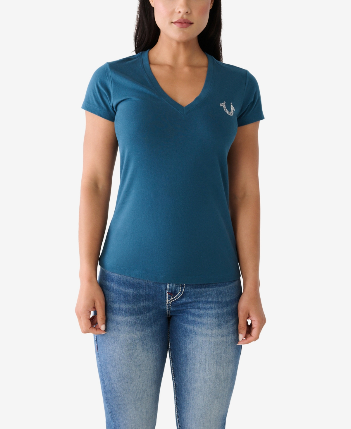 Shop True Religion Women's Short Sleeve Buddha Slim V-neck T-shirt In Majolica Blue
