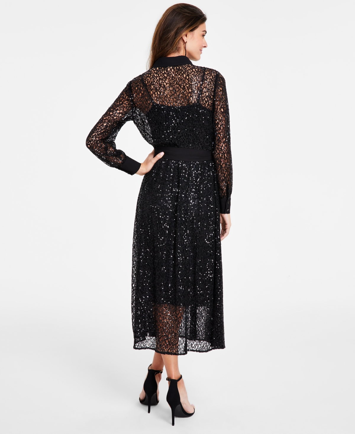 Shop Anne Klein Women's Button-front A-line Sequin Lace Dress, Created For Macy's In Anne Black