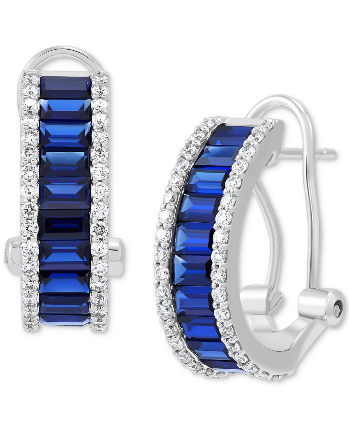 Lab Grown Sapphire (2-3/8 ct. t.w.) & Lab Grown Diamond (1/2 ct. t.w.) Baguette Hoop Earrings in 14k White Gold, 0.67" - Sapphire