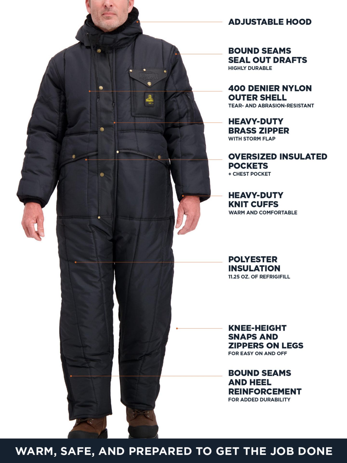 Мужской комбинезон RefrigiWear Big & Tall Iron-Tuff Coveralls with Hood, цвет: Тёмно-синий — фото 2