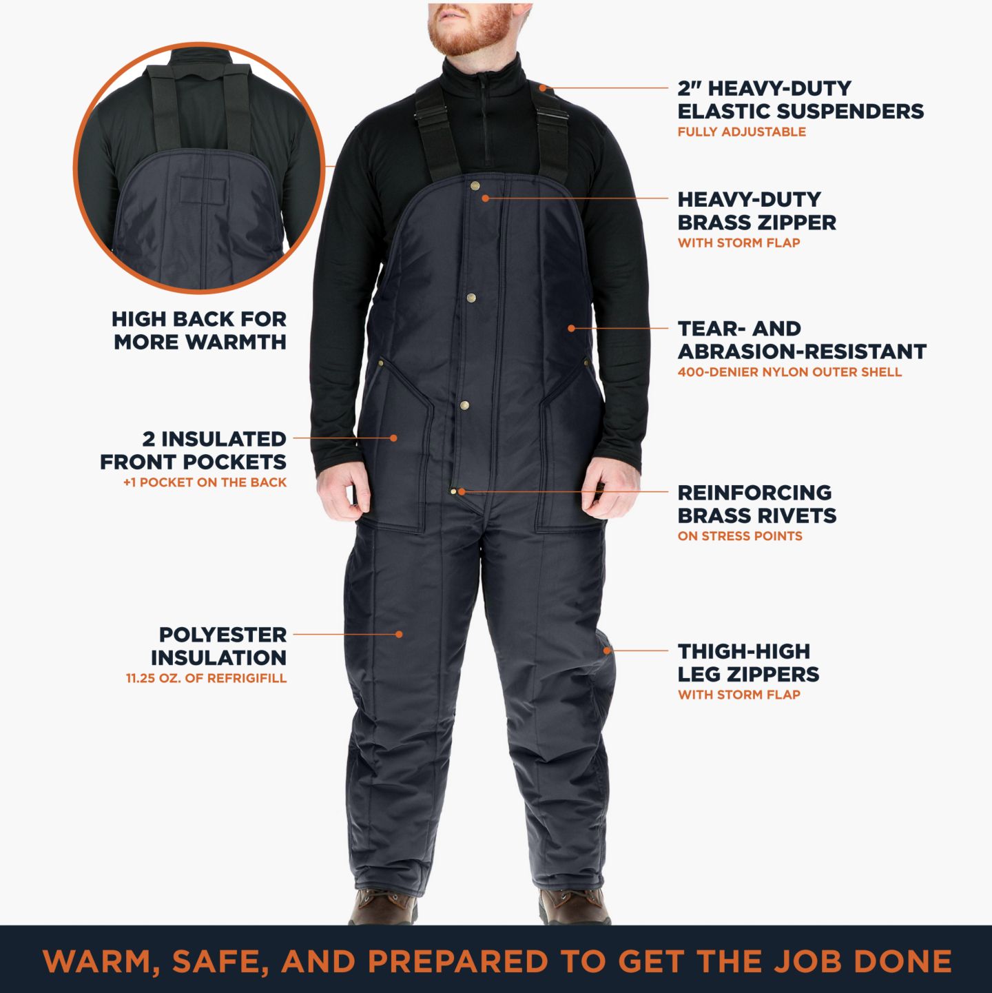 Мужской комбинезон RefrigiWear Iron-Tuff Insulated Bib Overalls -50degree(s)F Cold Protection, Durable Workwear, цвет: Тёмно-синий — фото 20