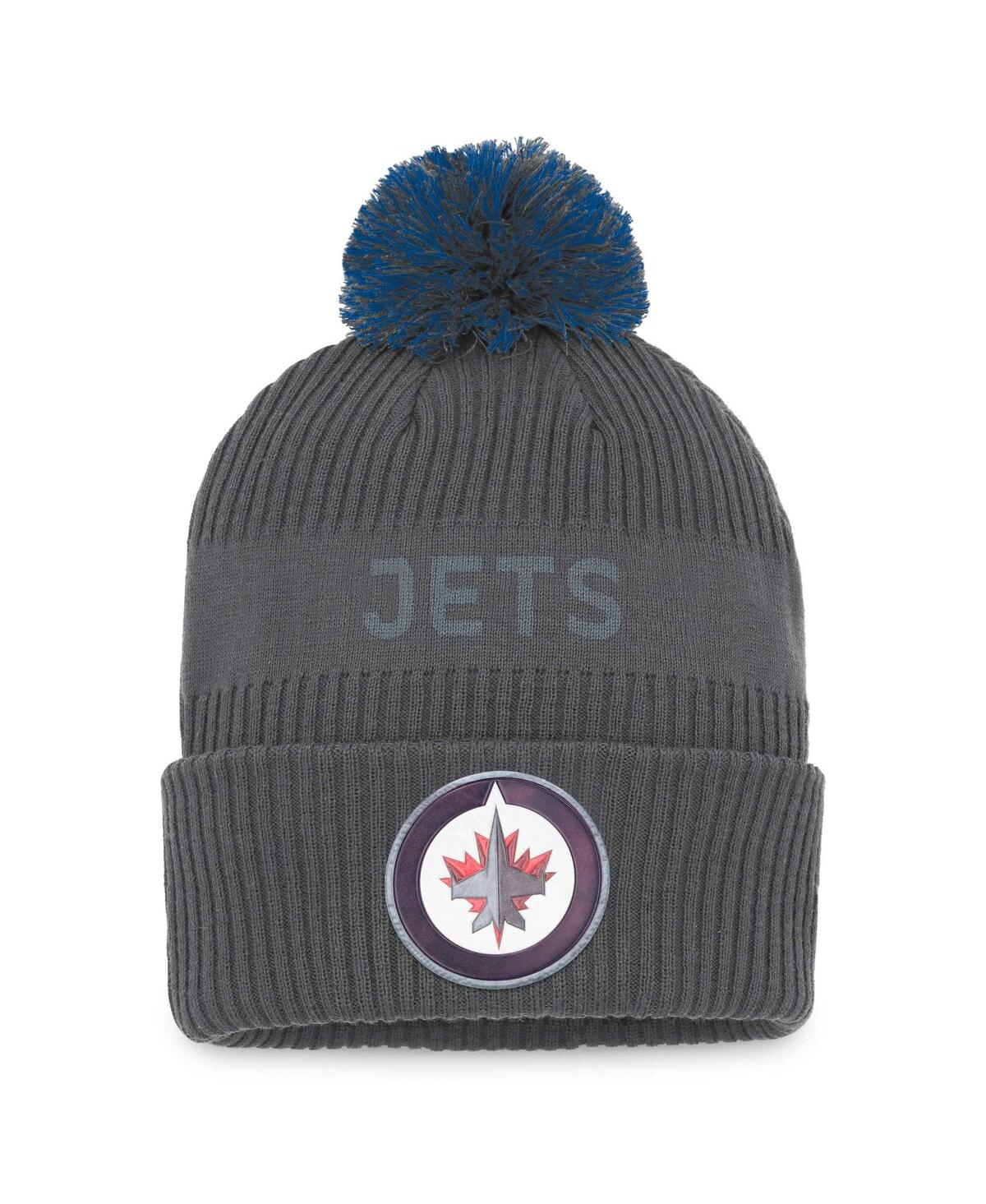 Fanatics Branded Charcoal Winnipeg Jets Authentic Pro Home Ice Cuffed Knit Hat With Pom In Charcoal