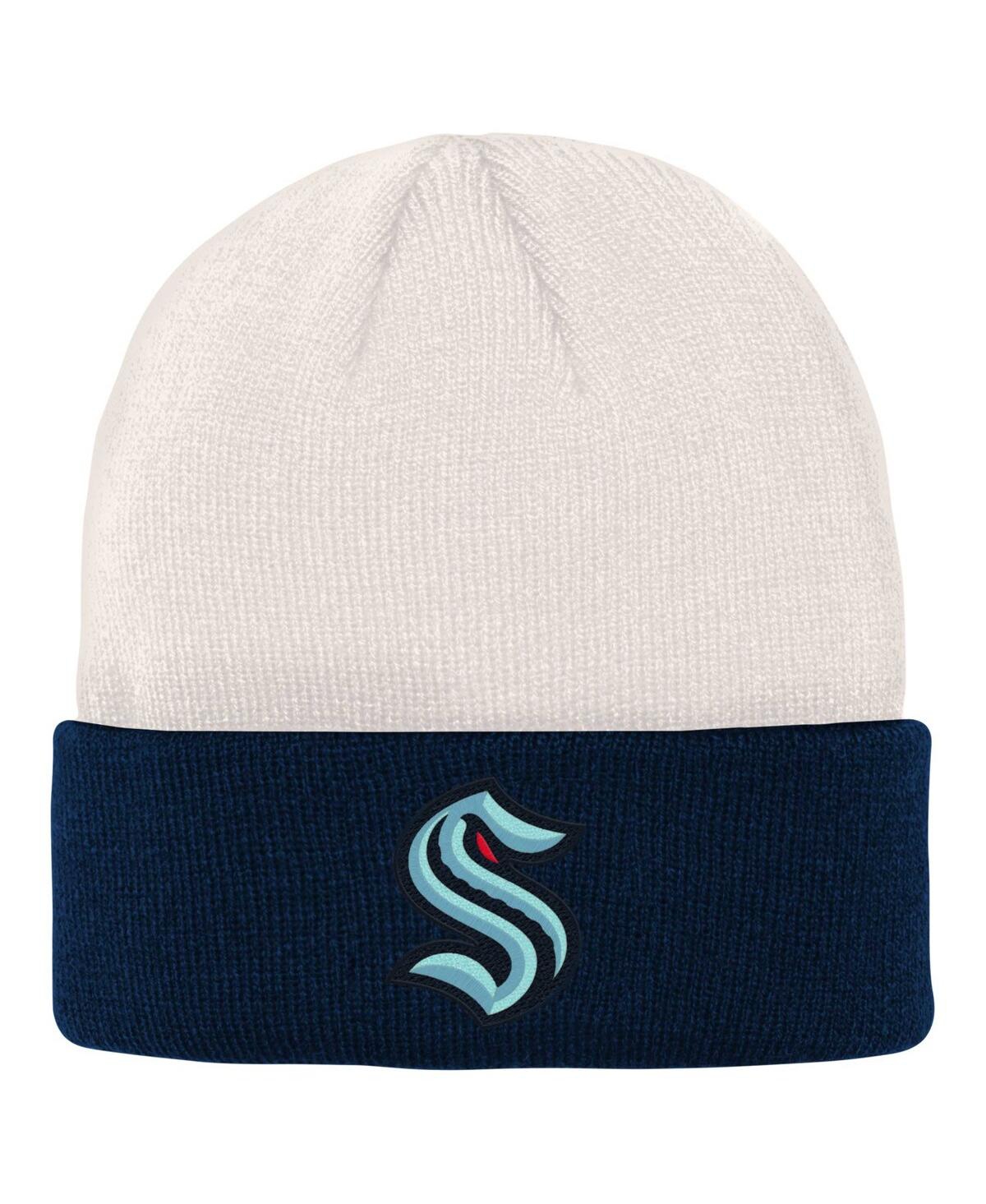 Outerstuff Kids' Big Boys And Girls Cream, Deep Sea Blue Seattle Kraken Logo Cuffed Knit Hat In Cream,deep Sea Blue