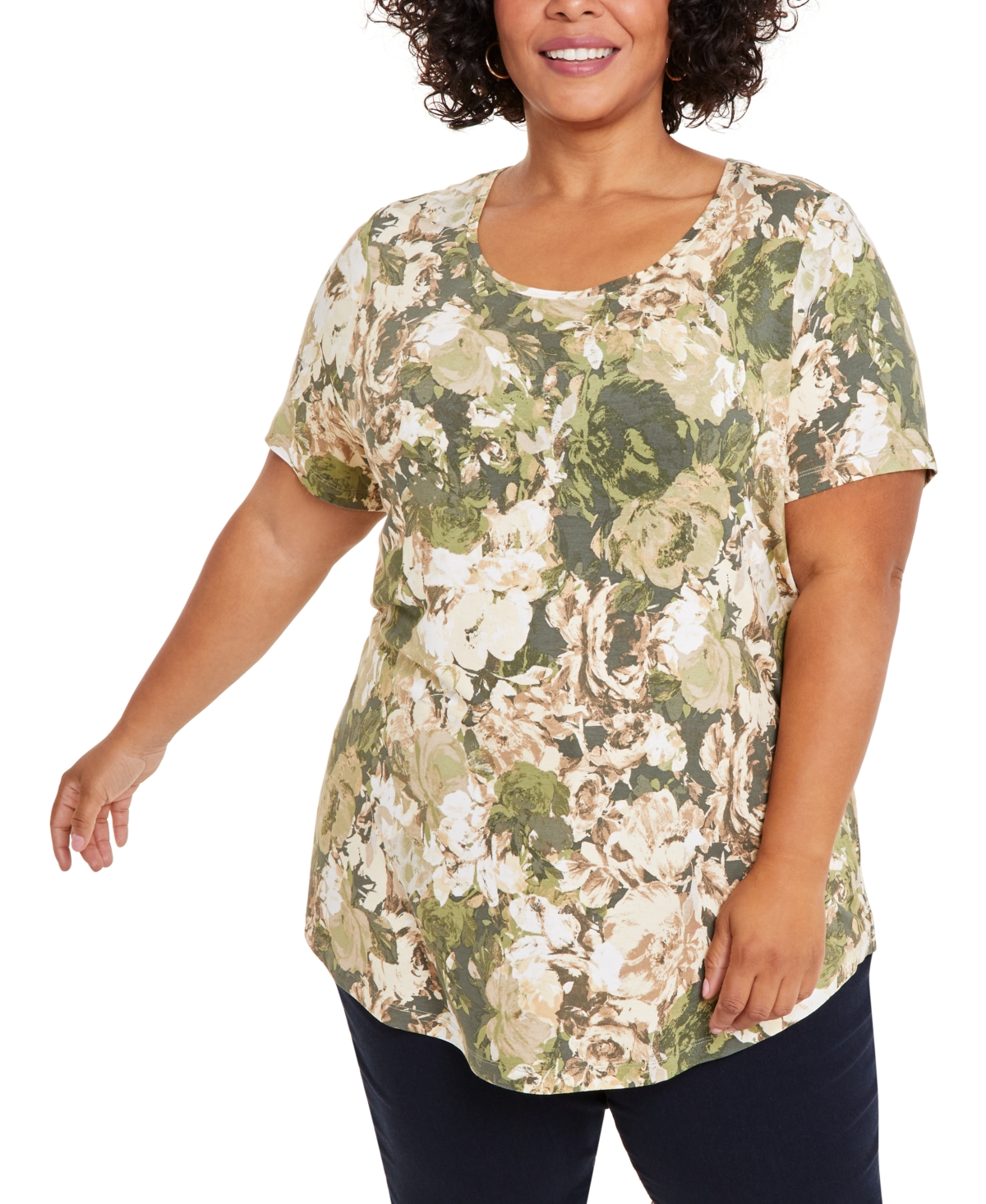 Jm Collection Plus Size Claudette Rose Scoop-neck Top, Created For Macy's In Tarnished Stem Combo