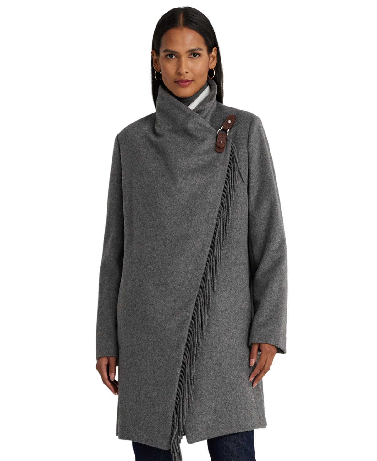 Lauren Ralph Lauren Women's Wool Blend Fringe Wrapped Coat In Heather Grey