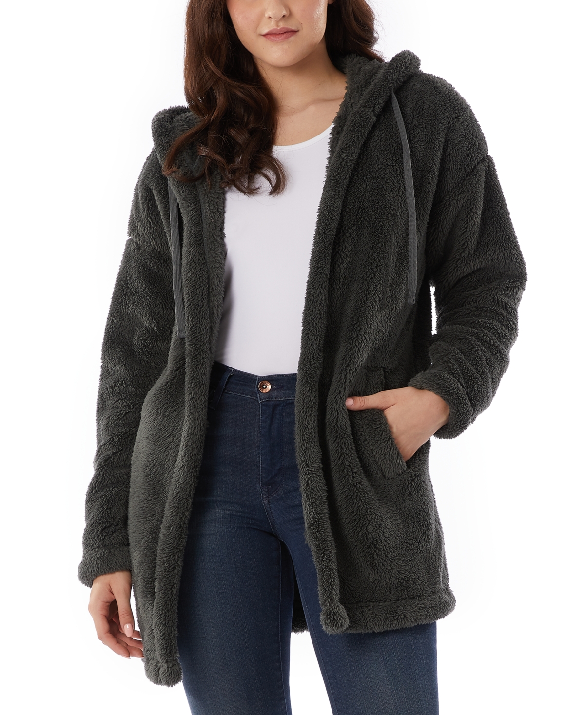 Shop 32 Degrees Women's Hooded Fleece Drawstring Cardigan In Unexplored