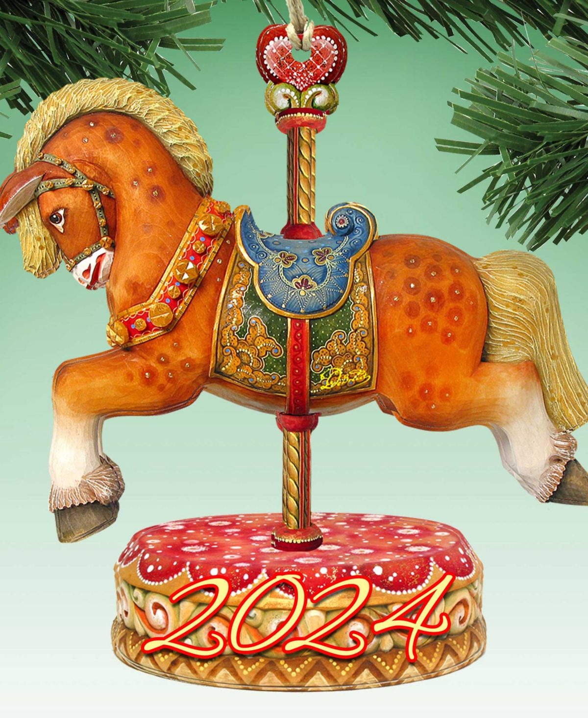Designocracy 2024 Dated Carousel Horse Christmas Wooden Ornaments Holiday Decor Set Of 2 G. Debrekht In Multi Color