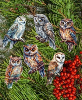 Holiday Wooden Clip-On Ornaments Night Owls Set of 6 G. DeBrekht