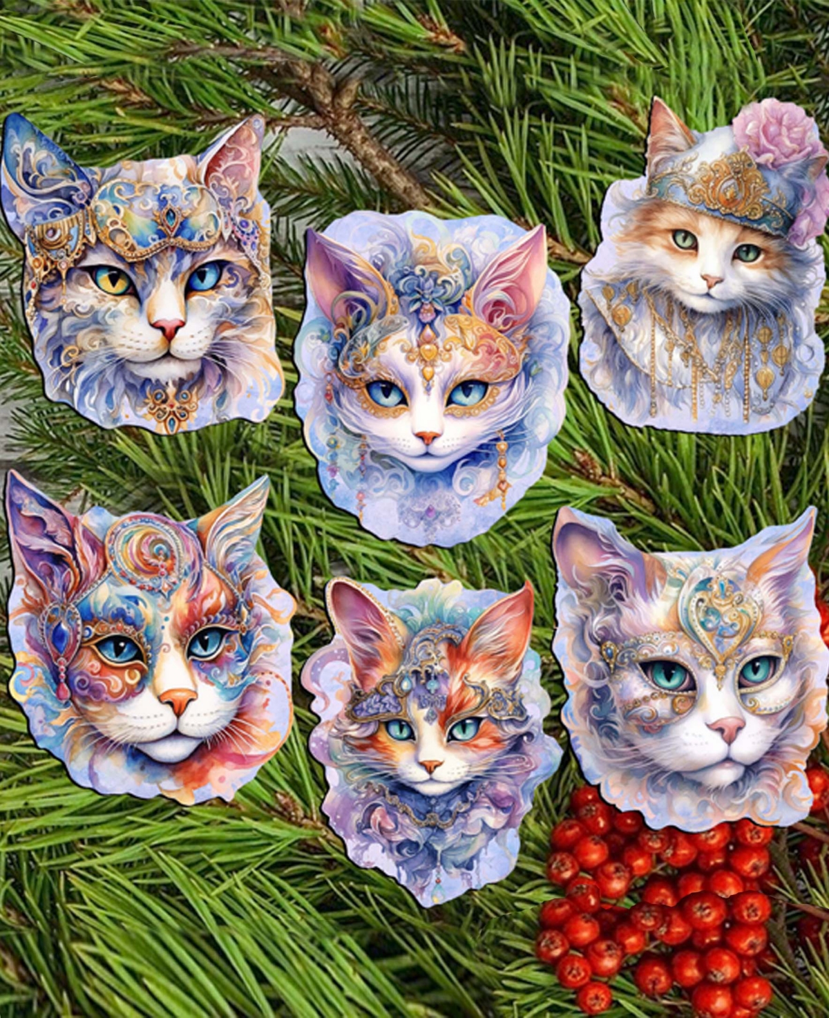 Designocracy Cat In The Mask Christmas Wooden Clip-on Ornaments Set Of 6 G. Debrekht In Multi Color