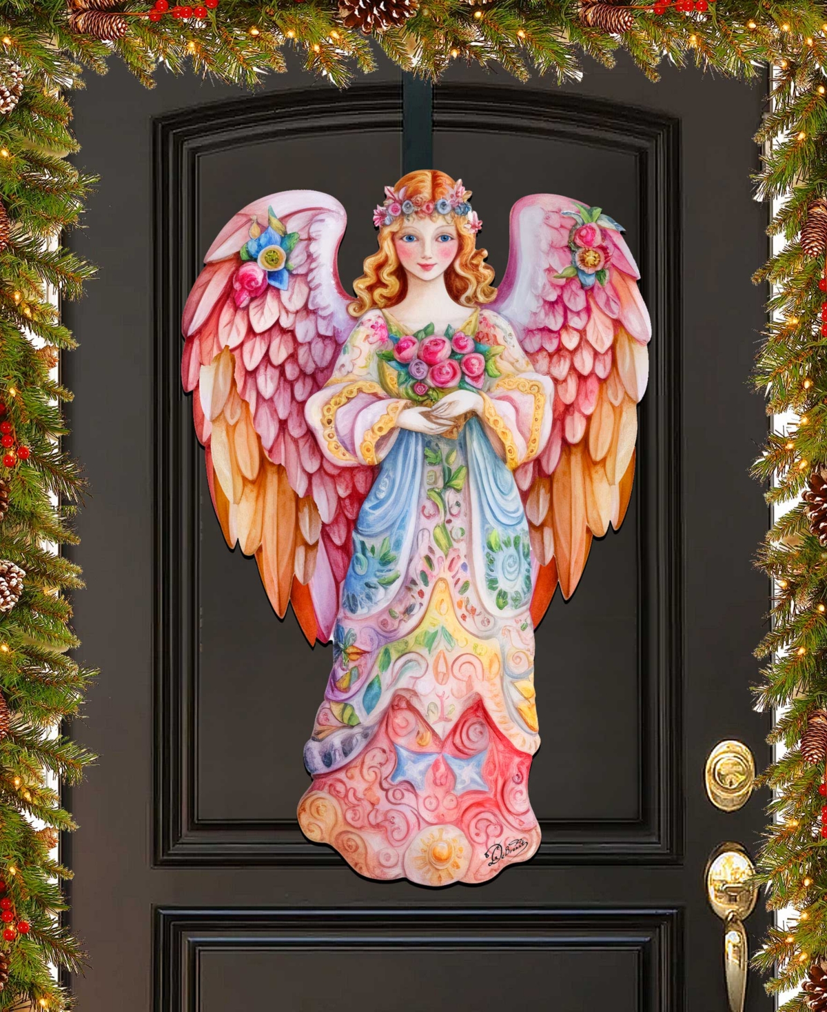 Designocracy Floral Angel Christmas Door Decor Wooden Wall Decor G. Debrekht In Multi Color