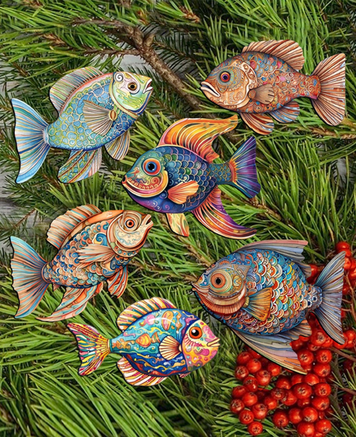Designocracy Holiday Wooden Clip-on Ornaments Coastal Fish Set Of 6 G. Debrekht In Multi Color