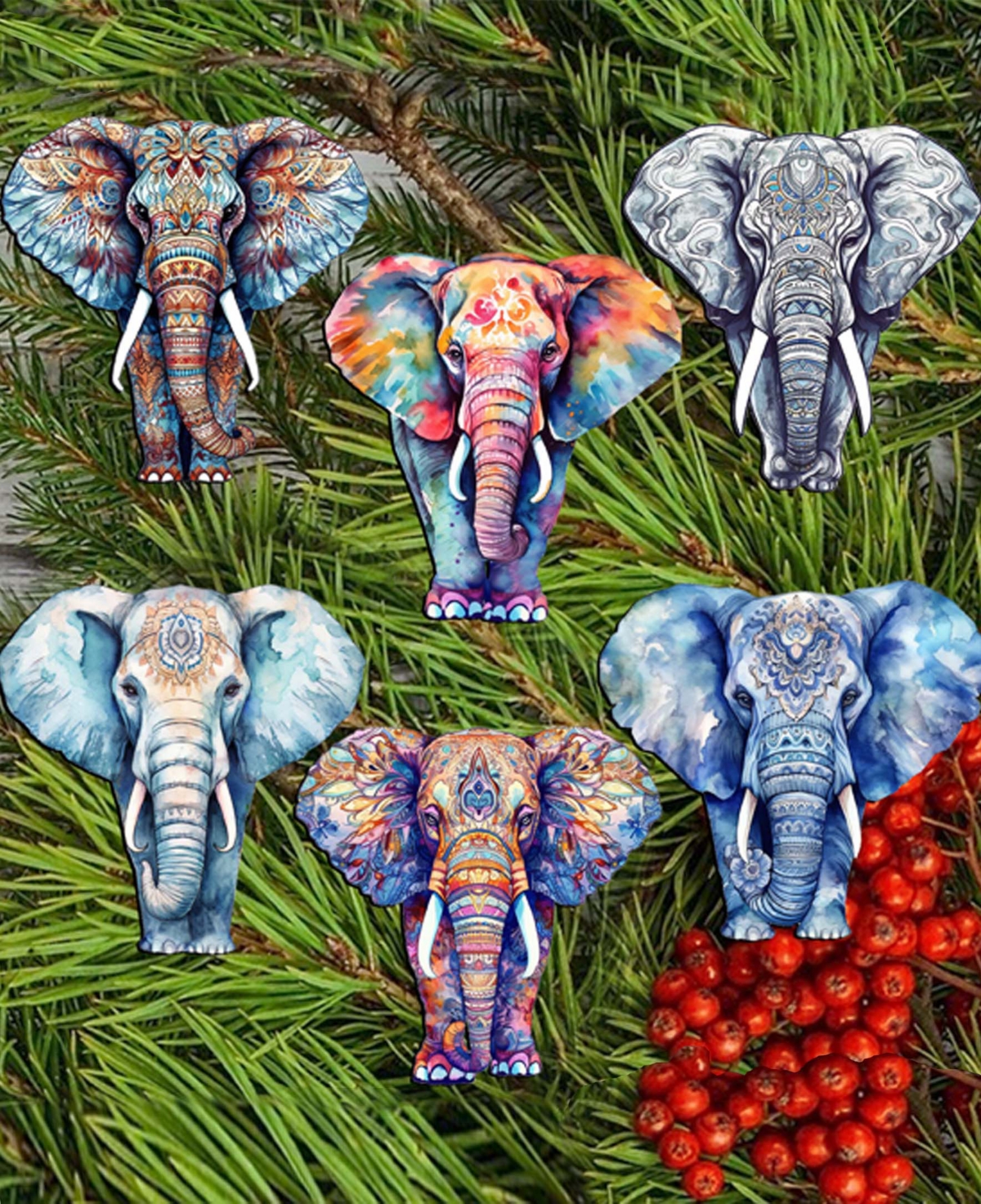 Shop Designocracy Holiday Wooden Clip-on Ornaments Elephants Set Of 6 G. Debrekht In Multi Color