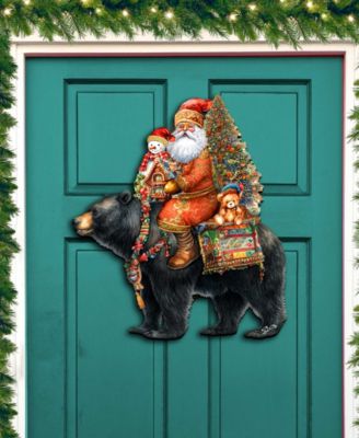 Santa Claus and Black Bear Christmas Door Decor Wooden Wall Decor G. DeBrekht