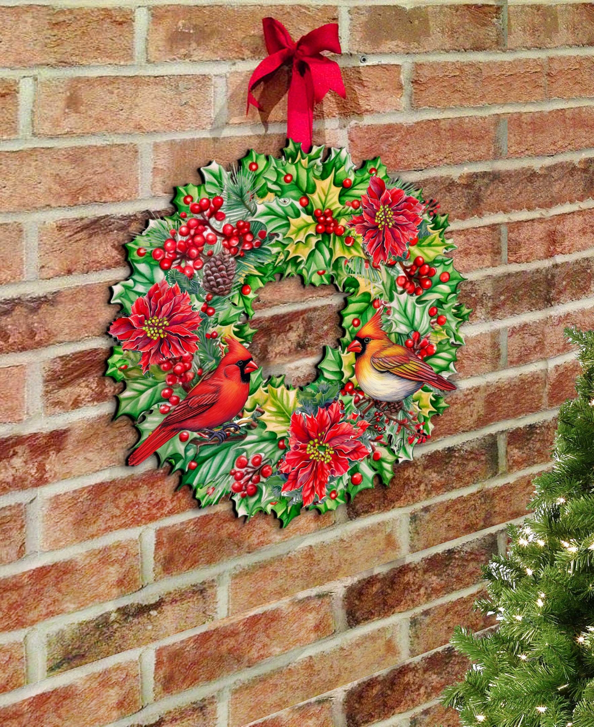 Shop Designocracy Cardinal Garland Wreath Christmas Door Hanger Wooden Door Decor G. Debrekht In Multi Color