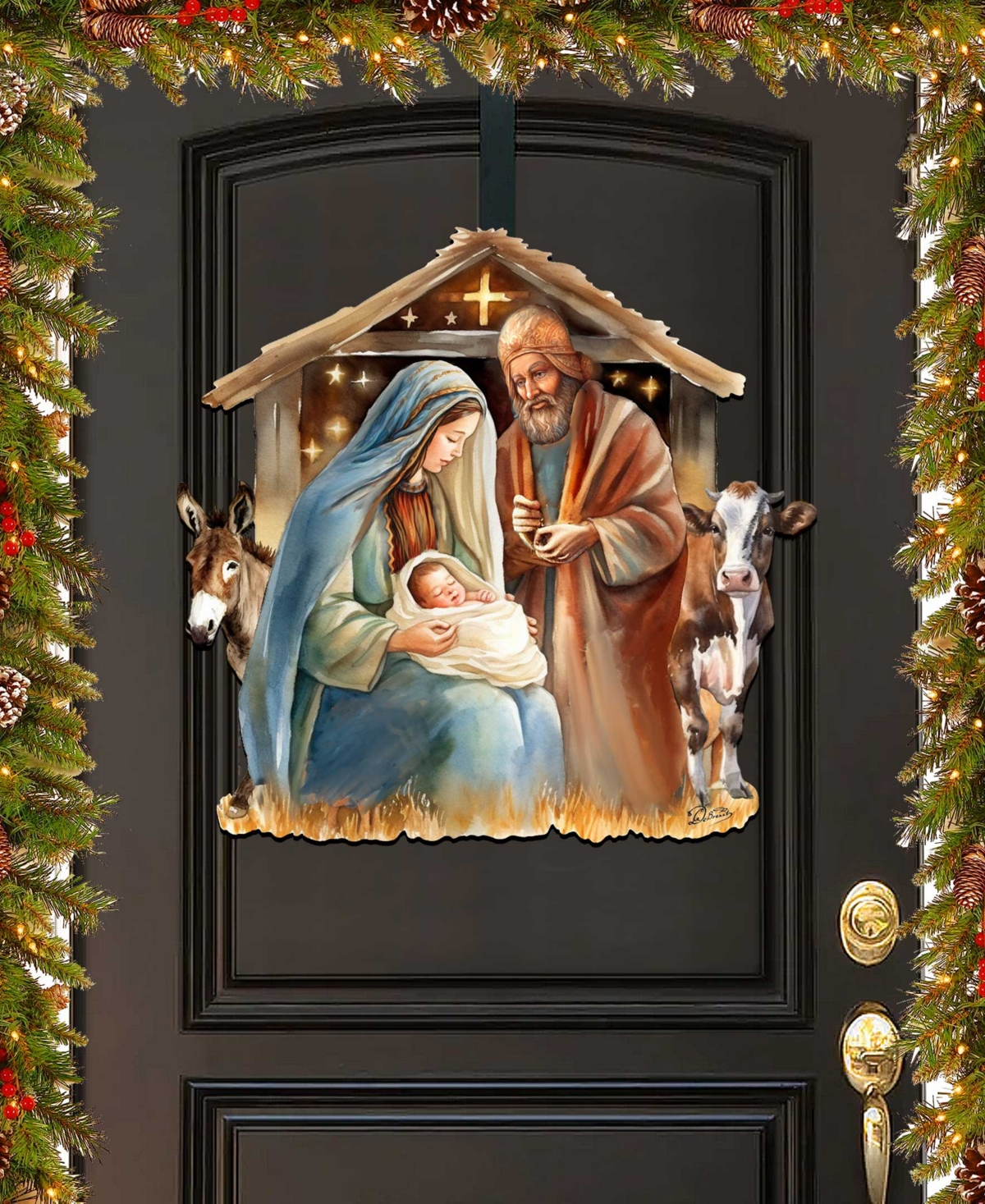 Designocracy Born Under Bright Star Nativity Christmas Wooden Door Decor G. Debrekht In Multi Color
