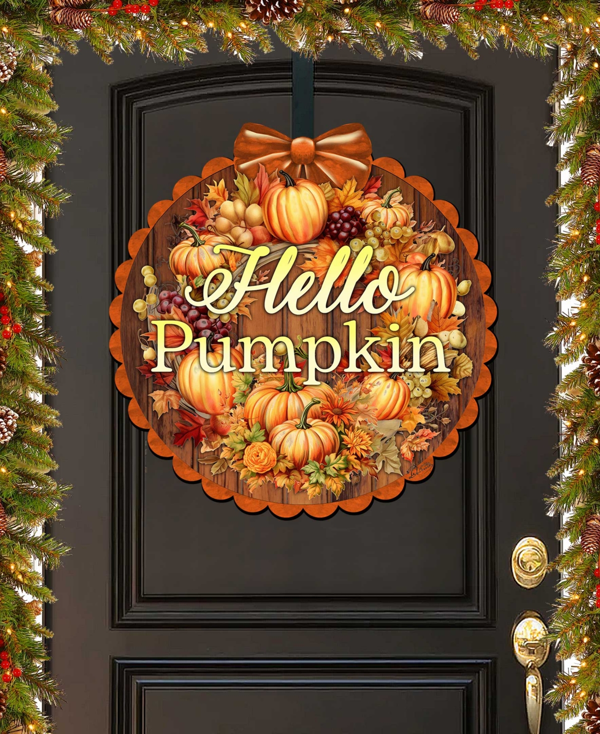 Designocracy Holiday Wooden Door Decor Welcome Sign Hello Pumpkin G. Debrekht In Multi Color