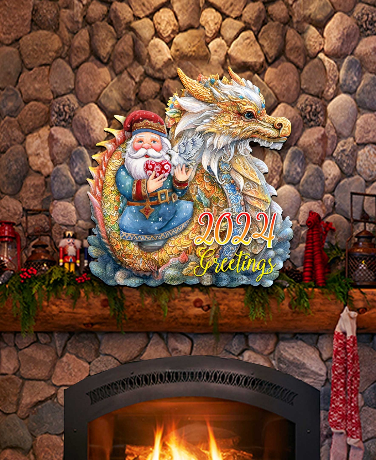 Santa with Dragon Christmas Wooden Door Decor Wall Decor G. DeBrekht - Multi Color