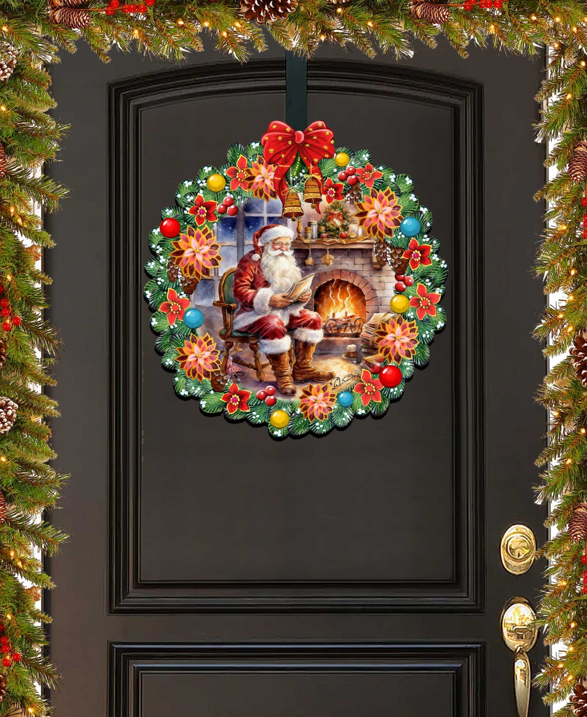 Designocracy Santa At The Fireplace Wreath Christmas Wooden Door Hanger Door Decor G. Debrekht In Multi Color