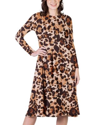 Women's Print Long Sleeve Pleated Midi Dress