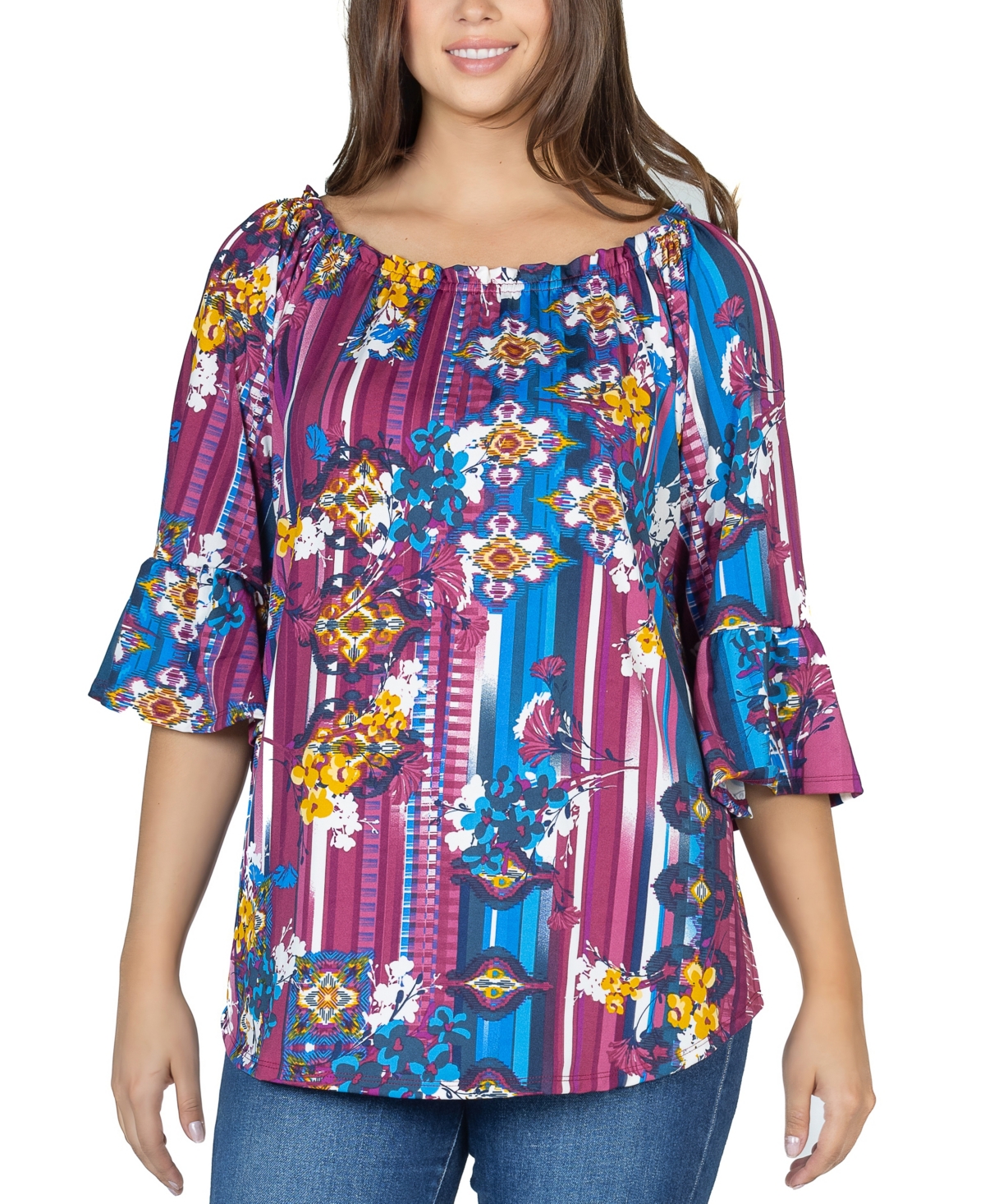 24seven Comfort Apparel Women's Floral Losse Fit Tunic Top In Pink Multi