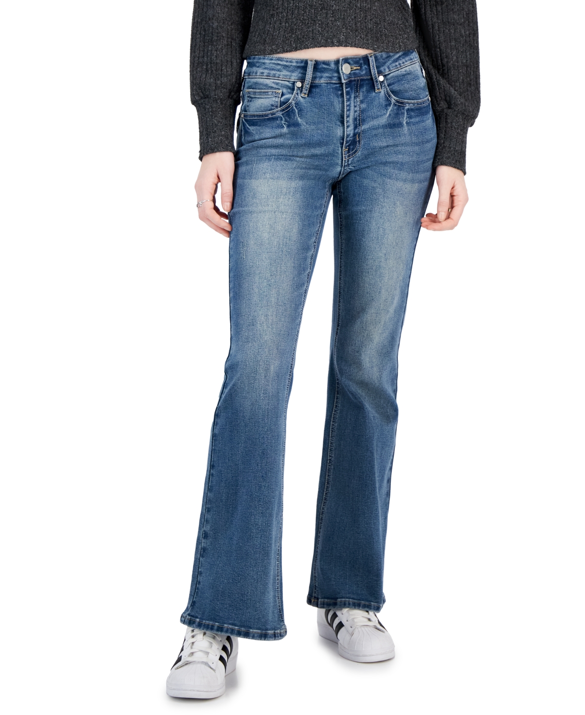 Juniors' High-Rise Bootcut Embellished-Pocket Jeans - Medium Blue