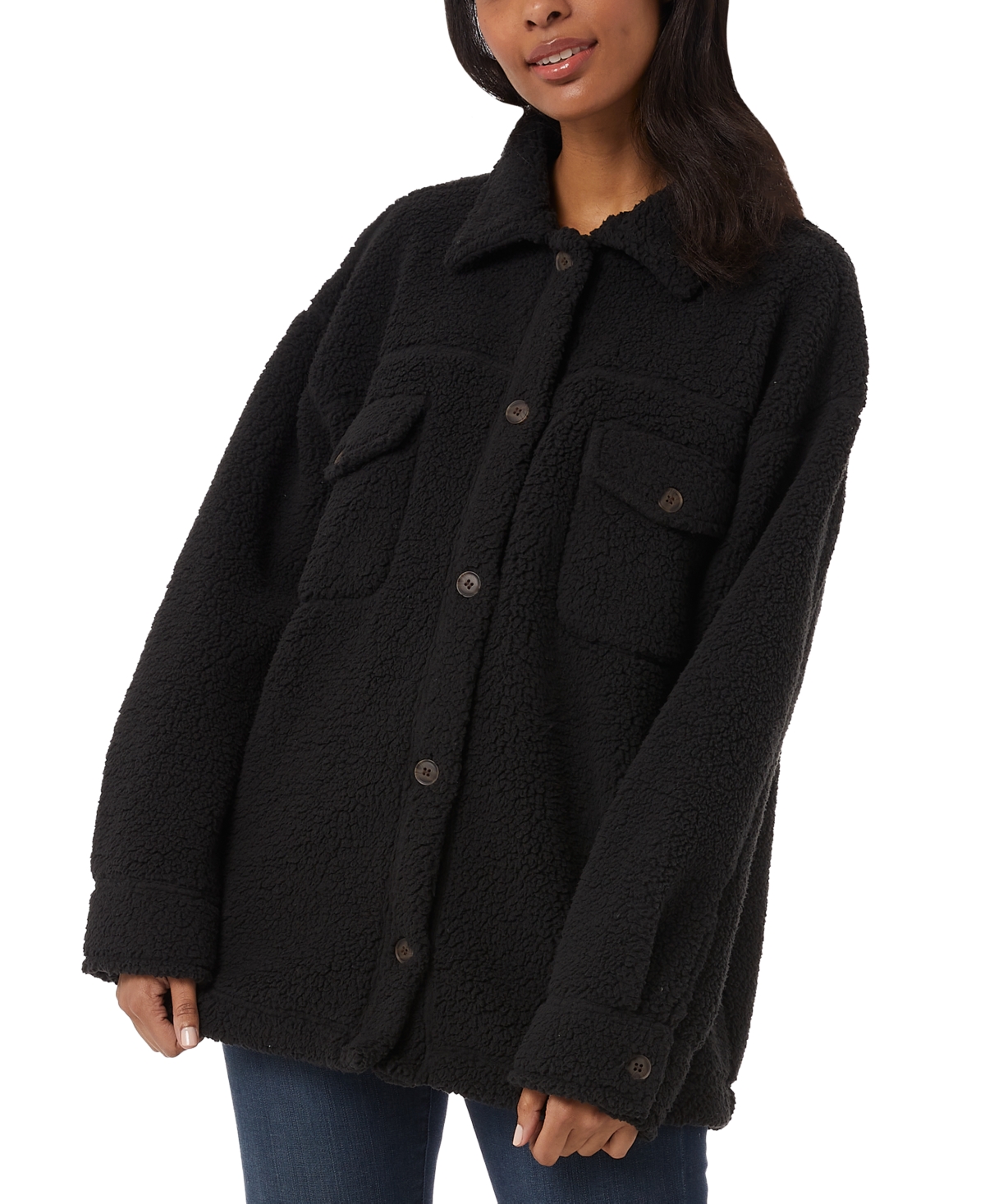 32 Degrees Women's Relaxed-fit Fleece Shirt Jacket In Black