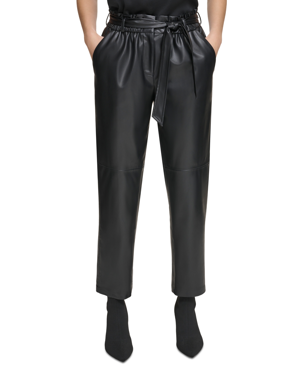 Calvin Klein Women's Tie-waist Faux-leather Pants In Black