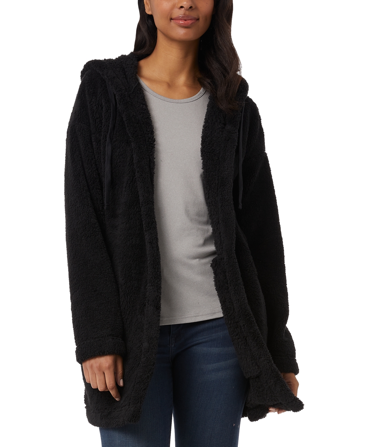 Shop 32 Degrees Women's Hooded Fleece Drawstring Cardigan In Black