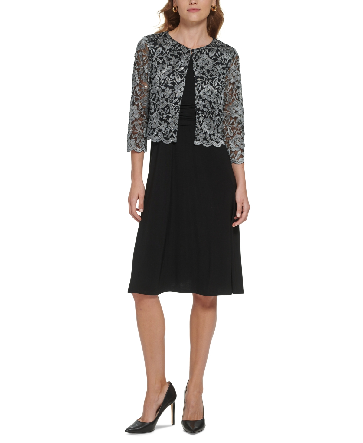 Jessica Howard Petite 2-pc. Lace Jacket & Knit Dress Set In Black Silver
