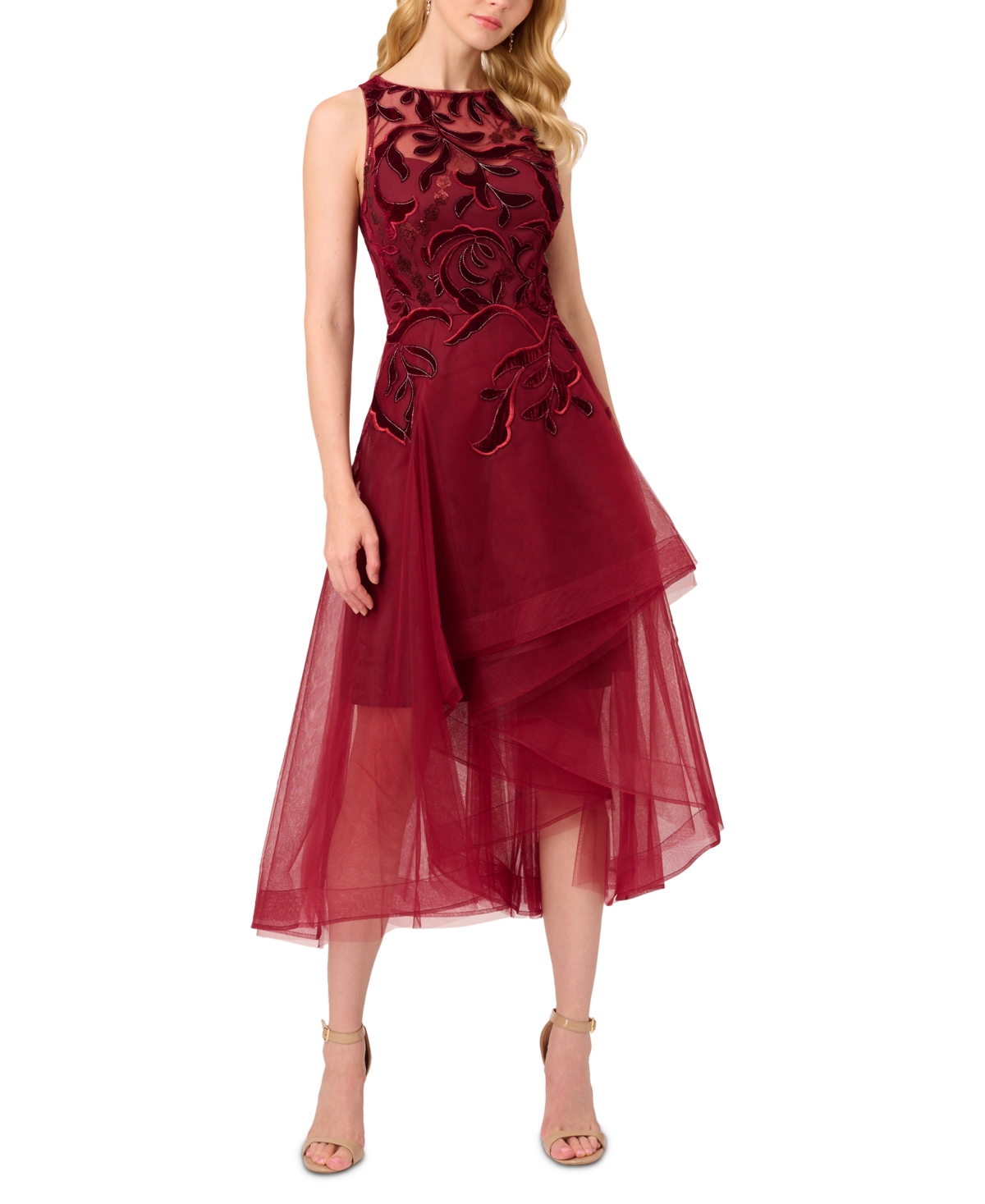 Shop Adrianna Papell Embellished High-low Dress In Garnet