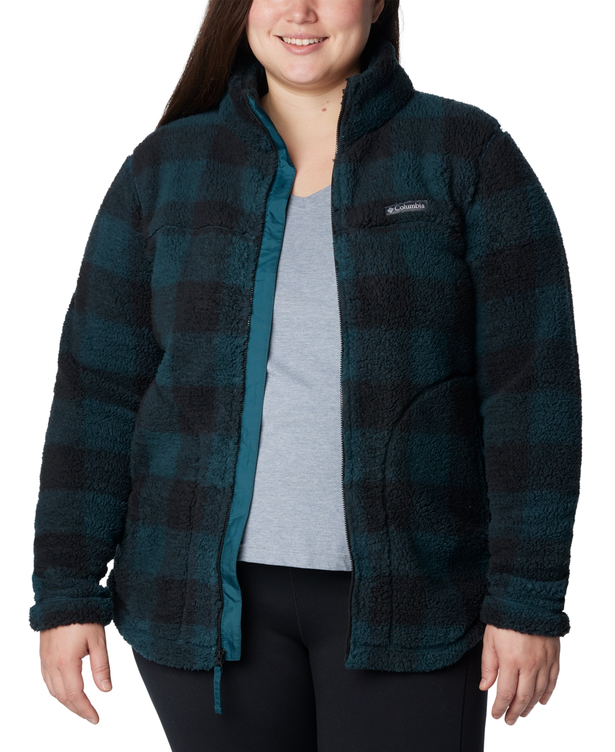 Columbia West Bend Plus Size Sherpa Jacket In Night Wave Check