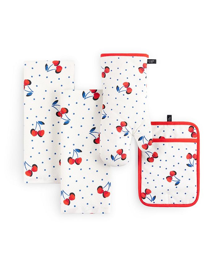 Kate Spade New York Cherry Dot Kitchen Towel, Oven Mitt Pot Holder 4-Pack Set, - White, Red, Blue